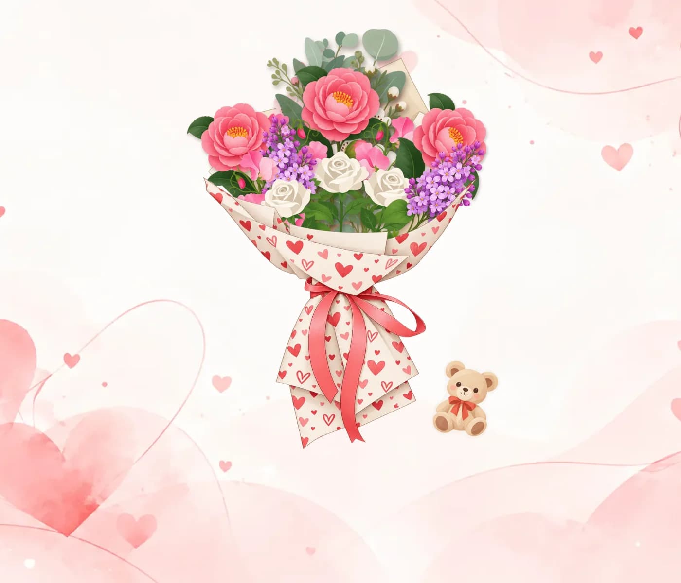 A digital bouquet of camellias, white roses and lilac wrapped in heart-print paper, with a small teddy bear beside it